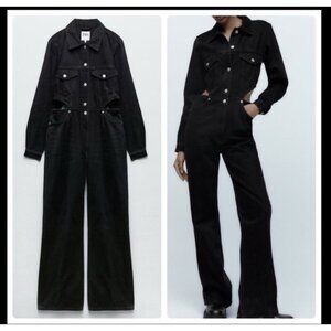 Zara XS Black Denim Jumpsuit Waist Cutouts Long Sleeve Classic Womens Jean